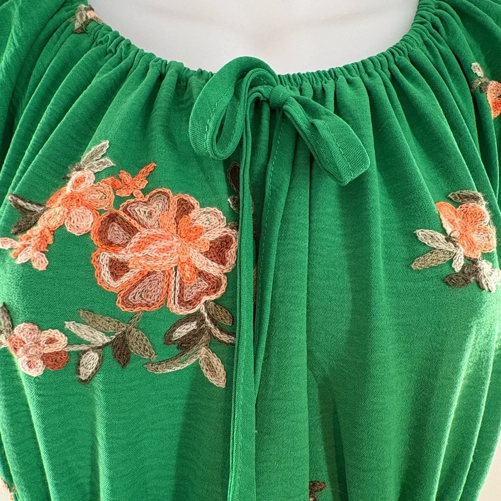 Anthropologie Kindred Green Floral Embroidered Smocked Tiered Maxi Dress Size M - Picture 3 of 10